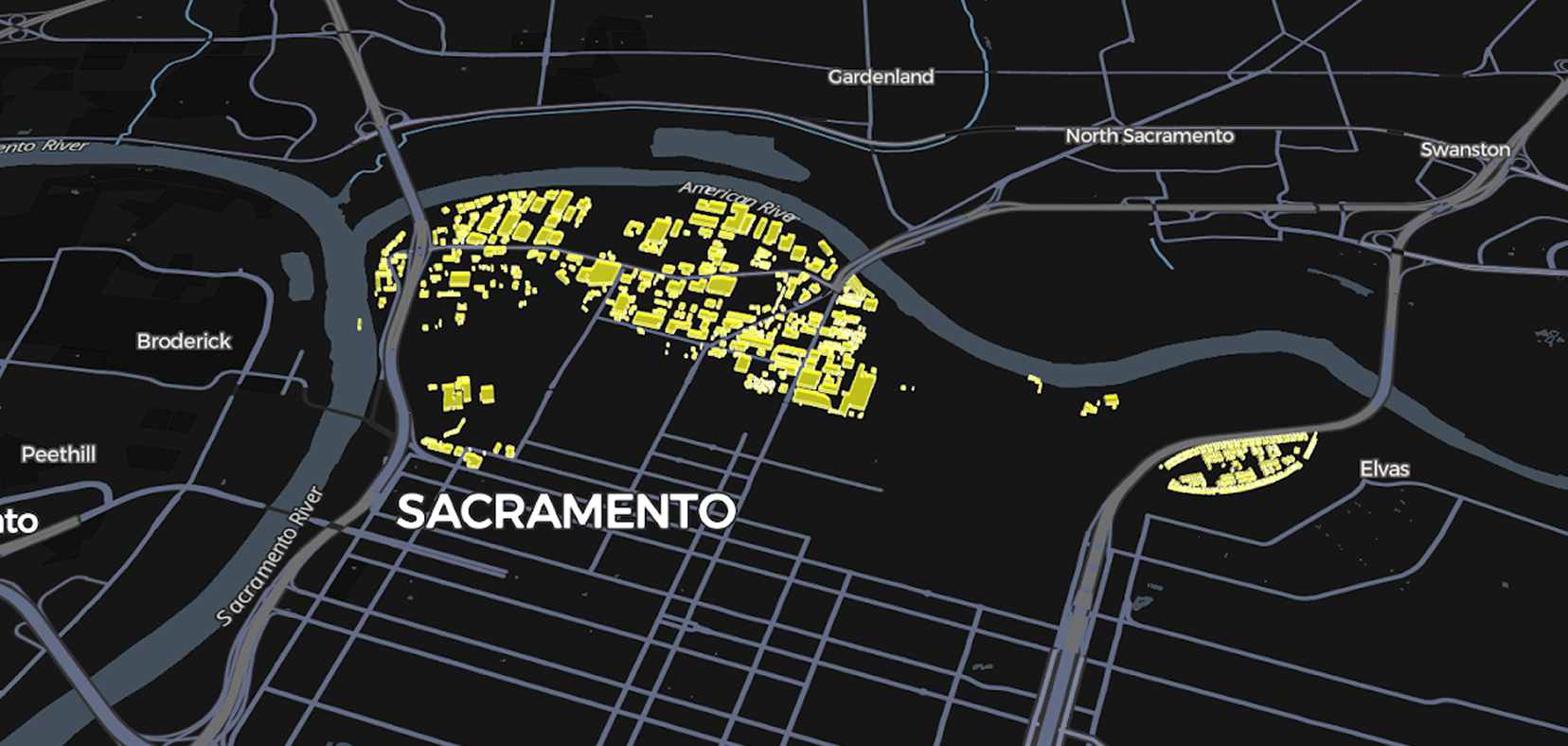 An example of hyperlocal building footprints in downtown Sacramento.