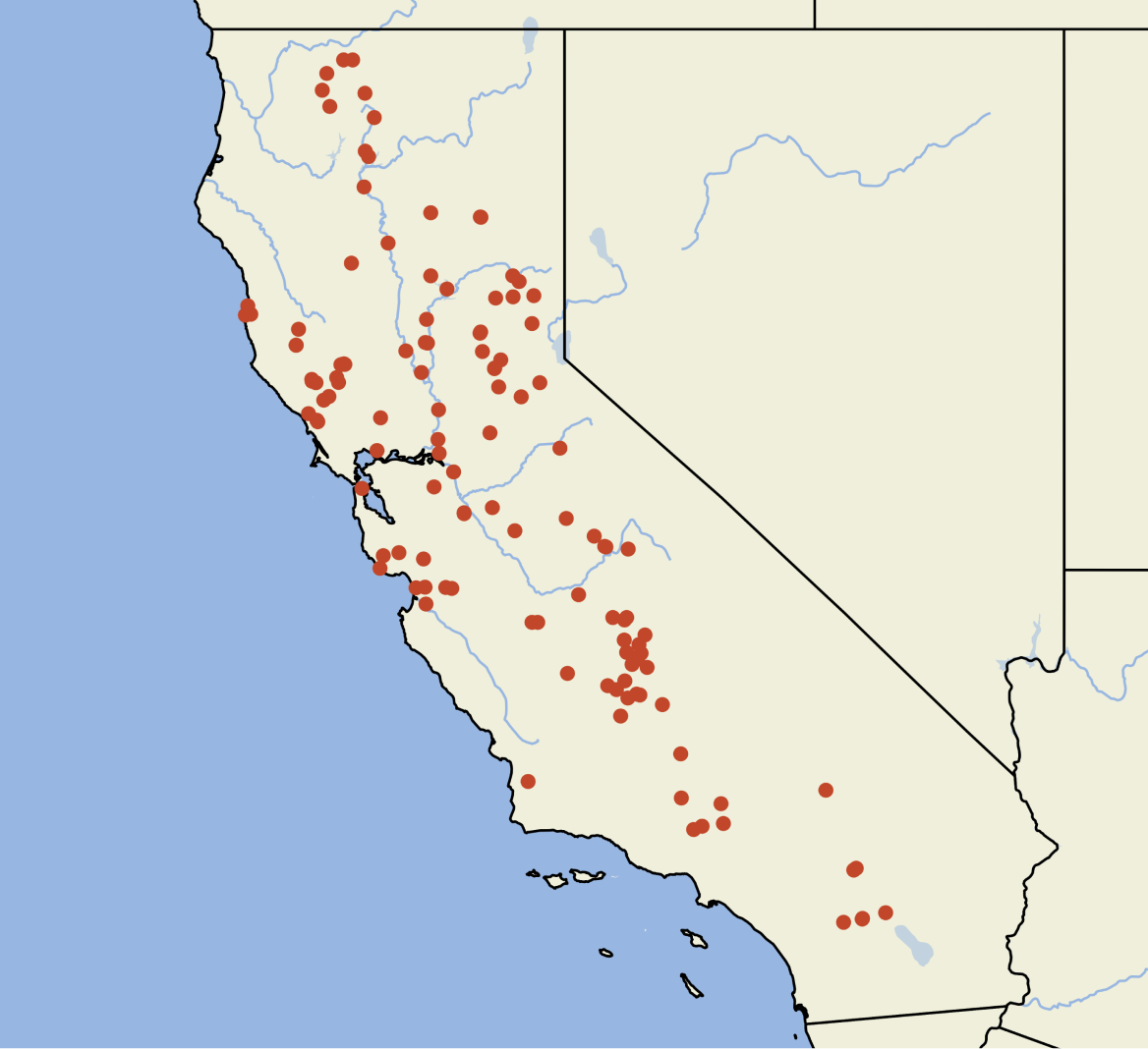 Map of California showing community water systems affected by drought