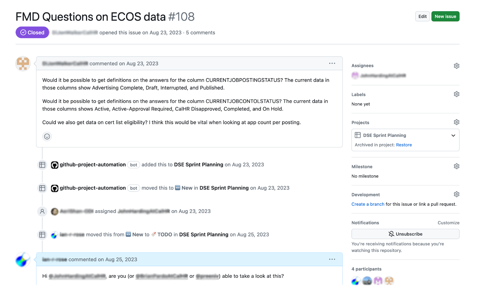 GitHub issue for FMD Questions on ECOS data. It includes a problem summary, record of work, and follow-up comments.